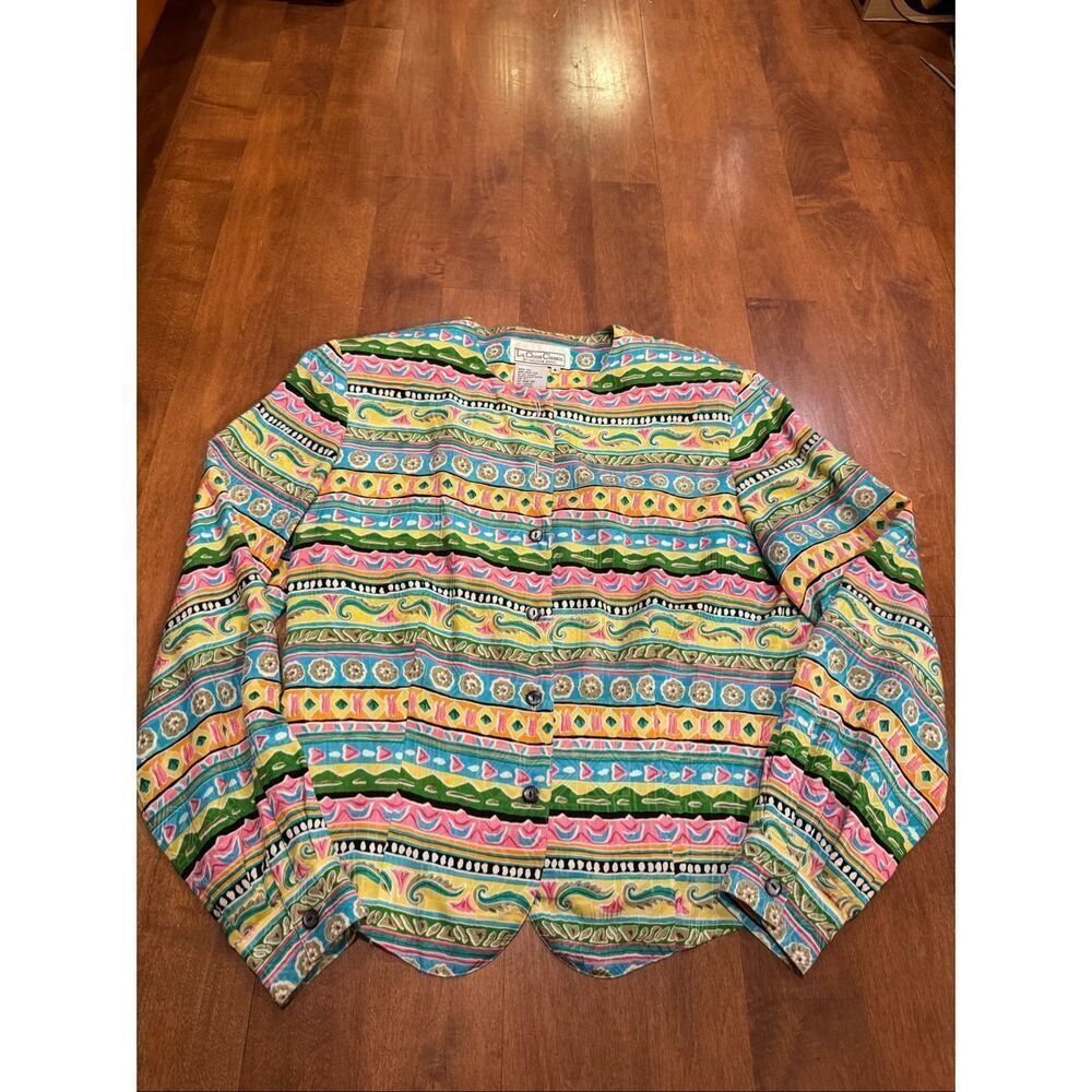 La Chine Classic Galinda Wang Silk Blouse Womens 6 Colorful Print Button Front V